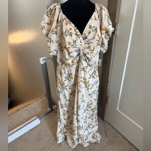 NWT Léa Linen Knot Front Puff Sleeve Lemon Fruit Print Smocked Maxi Dress 3X‎